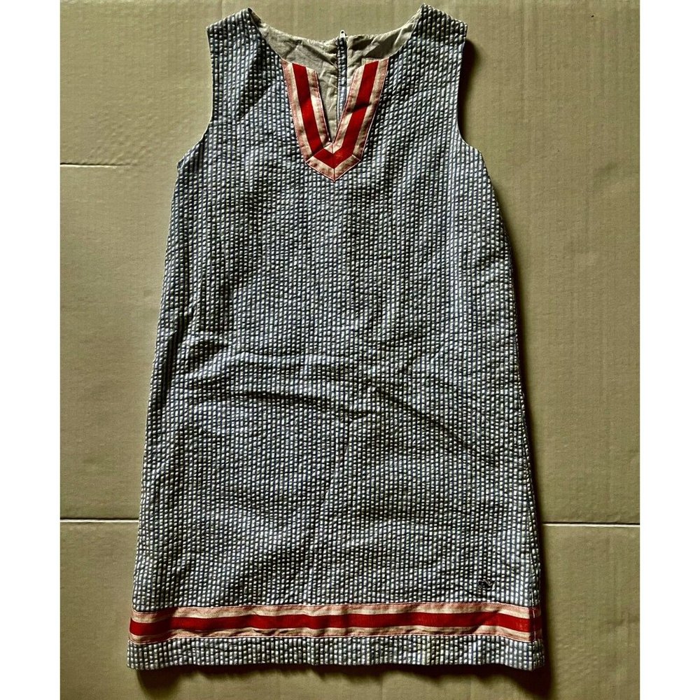 Vineyard Vines Dress Girls 14 Blue Seer Sucker Pink White Grosgrain Sleeveless